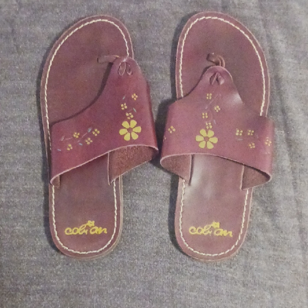 Cobian Brown Leather Floral Slide Sandals with Yellow Accents